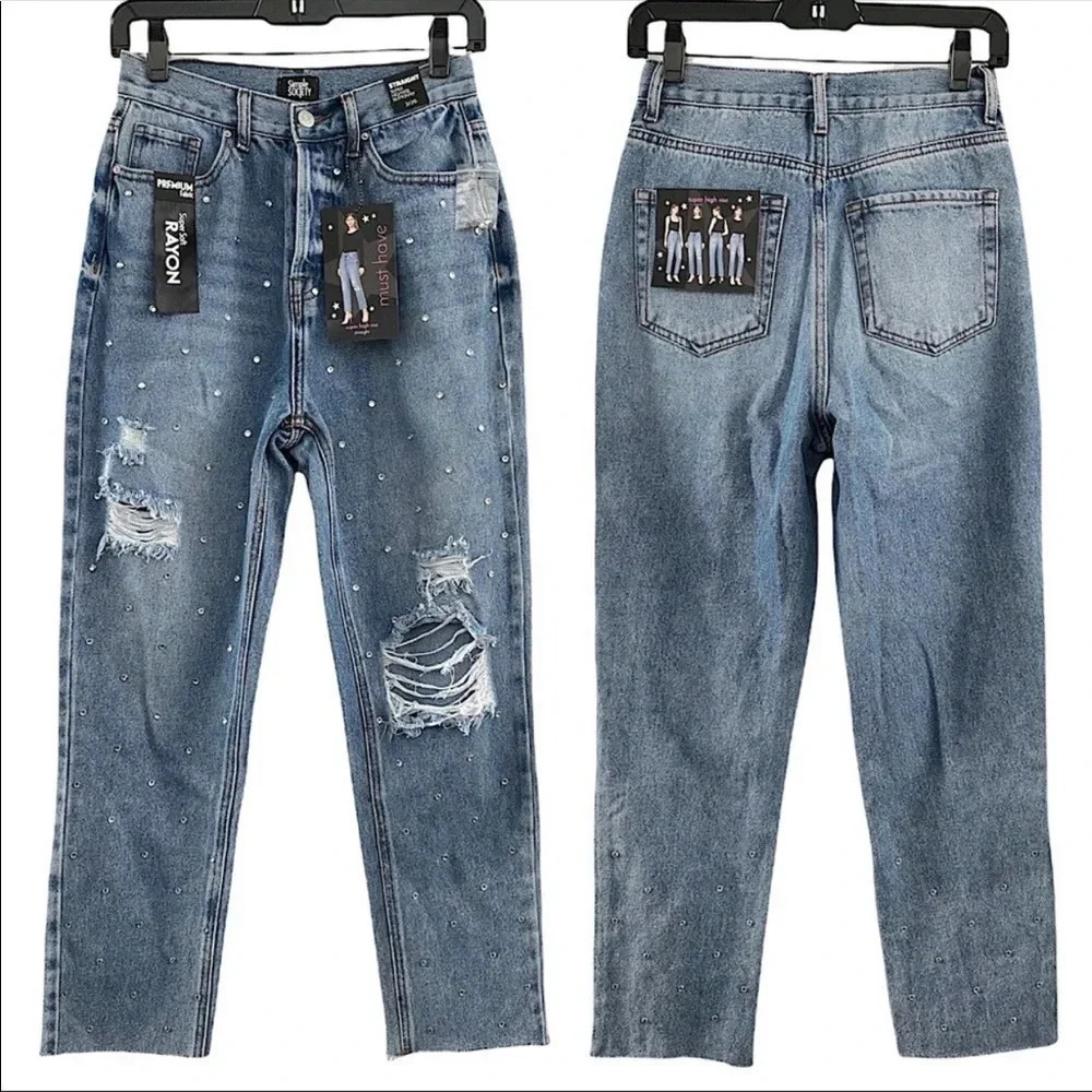 . NWT Simple Society Straight Super Hi Rise Buttonfly distressed sequin …